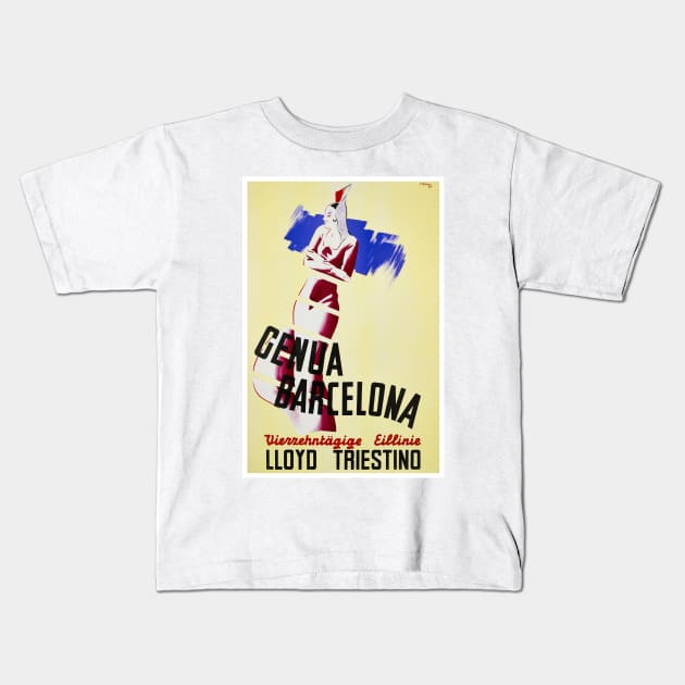 Vintage Travel Poster Spain Genua Barcelona LLoyd Triestino Kids T-Shirt by vintagetreasure